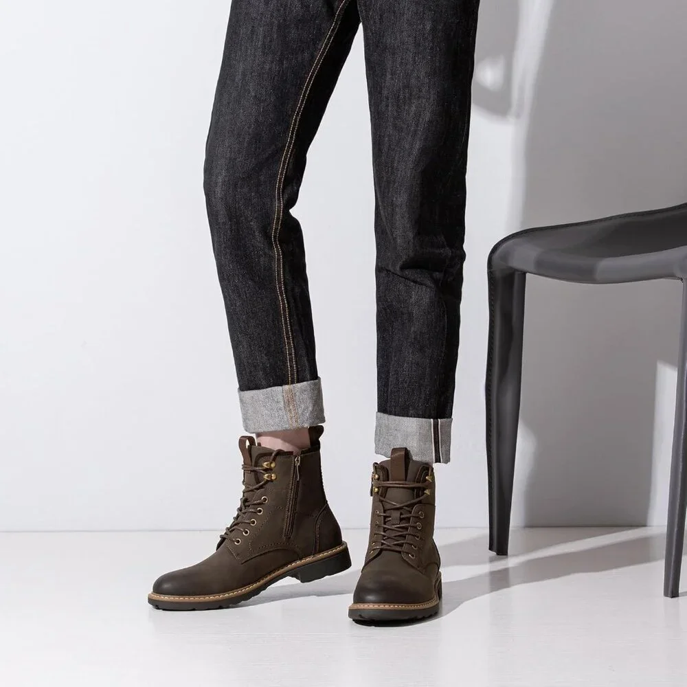⚡Men's Brown Motorcycle Lace Up Casual Leather Boots Zipper Fashion Chukka Boot